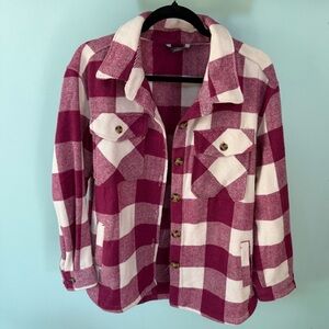 Member’s Mark Pink Purple & White Plaid Button Up Weighted Shacket Size Large